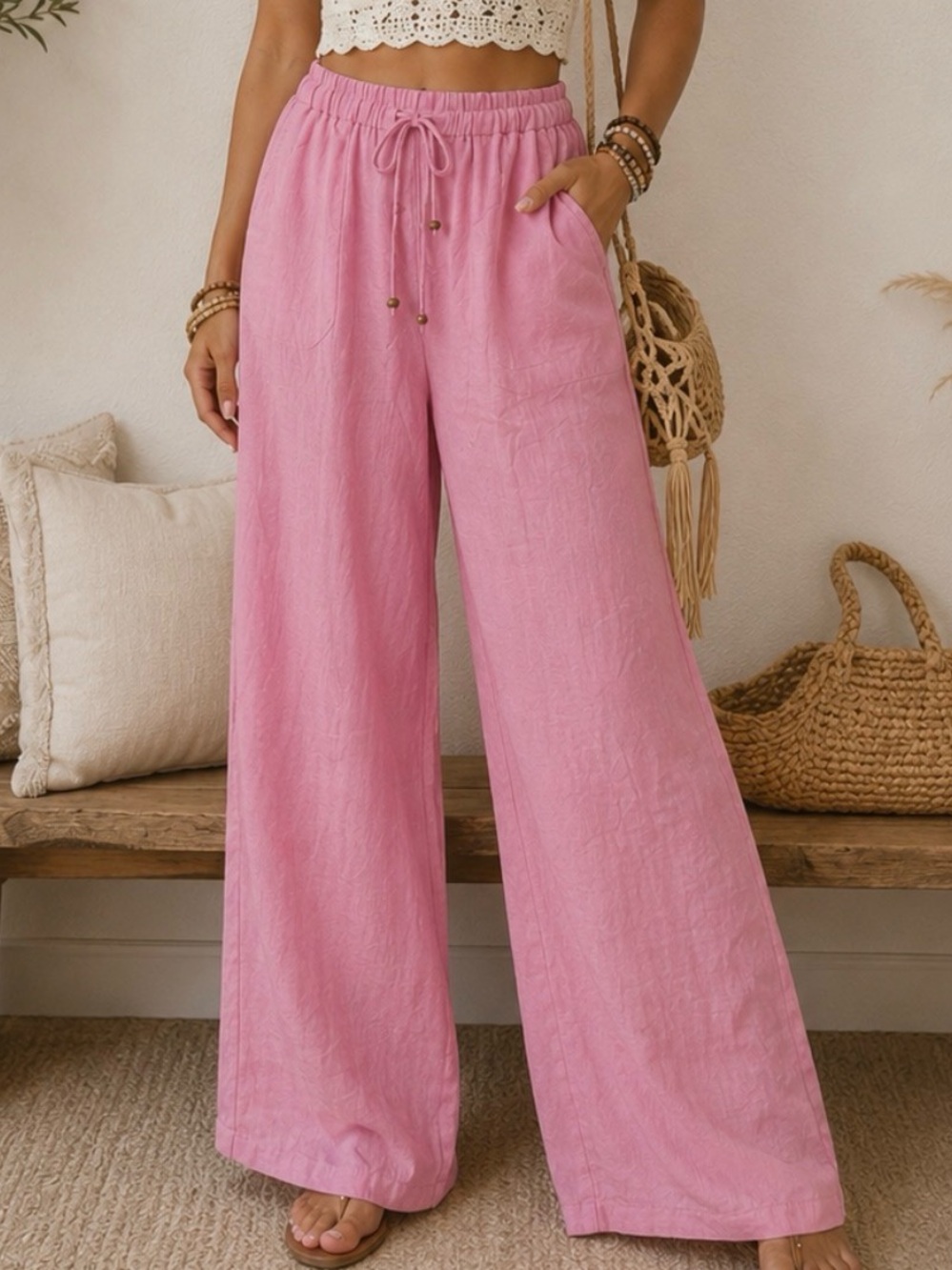 Very J Pink Wide Leg Lounge Pants Boho Linen Blend Comfy Relaxed Fit Sz L NWT